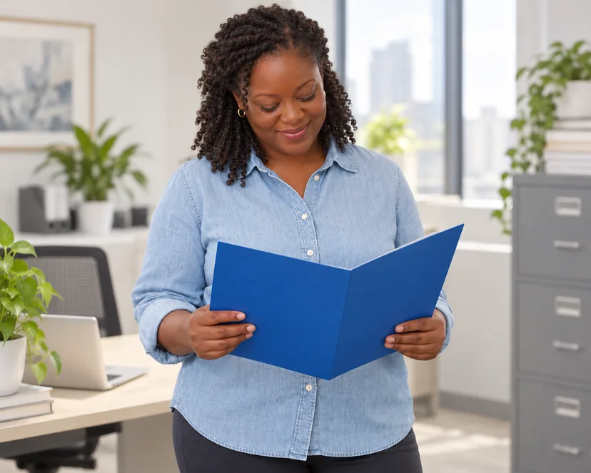 Office professional reviewing administrative work