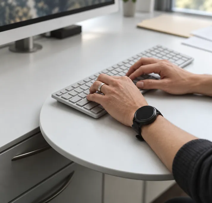 Hands typing on a sleek, white keyboard in a modern office setting. A smartwatch adorns one wrist, conveying a sense of productivity and focus.